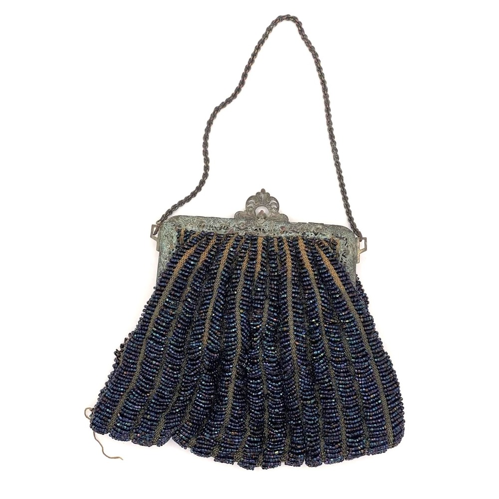 Antique Beaded Purse Iridescent Glass Beads Metal Frame Handbag